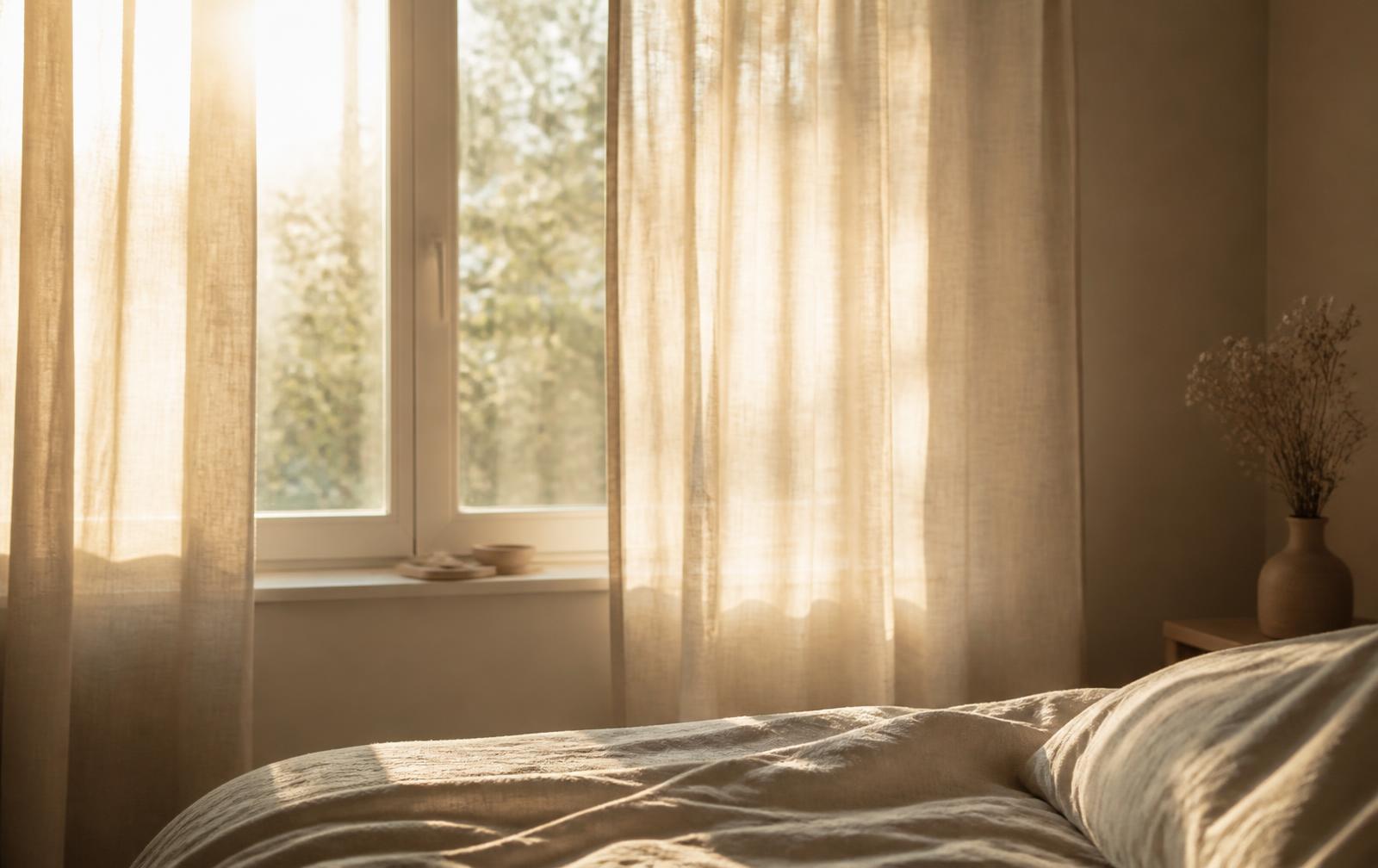 Soft morning light through a bedroom window on warm bone linen