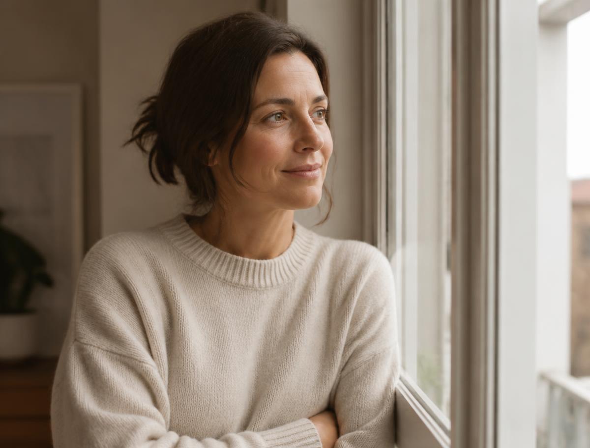 A woman in her late 30s by a window in soft warm light, calm and present